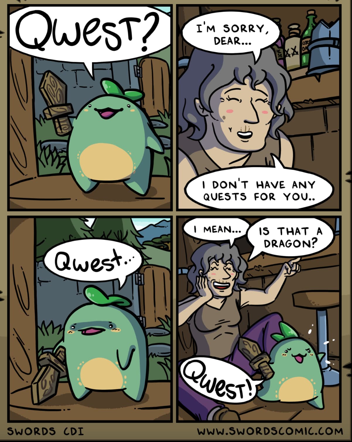 qwest comic - Qwest? I'M Sorry, Dear... Xx Or On 0 I Don'T Have Any Quests For You.. Qwest... I Mean... Is That A Dragon? Swords Cdi 70% Qwest!